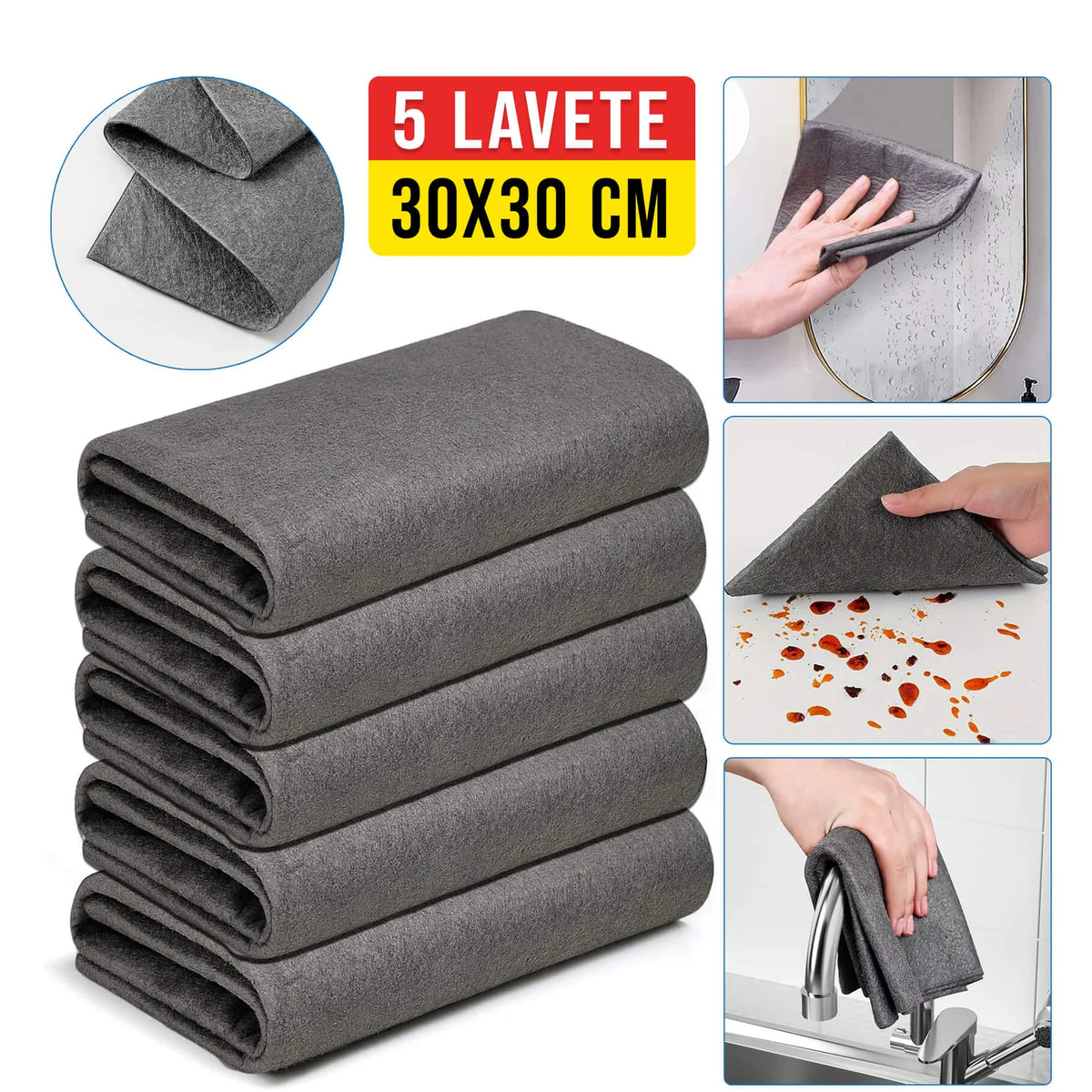 Set 5 Lavete Magice din Microfibra – Reutilizabile, Fara Urme si Scame, 30x30 cm